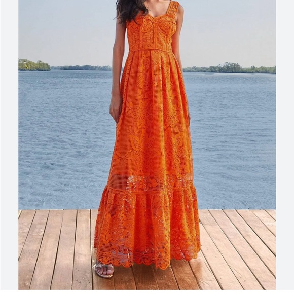 FARM Rio Dresses & Skirts - FARM Rio Vibrant Orange Sleeveless Maxi Dress Guipure
